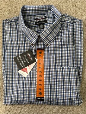 Kirkland Signature Blue and White Plaid Button-Down Shirt